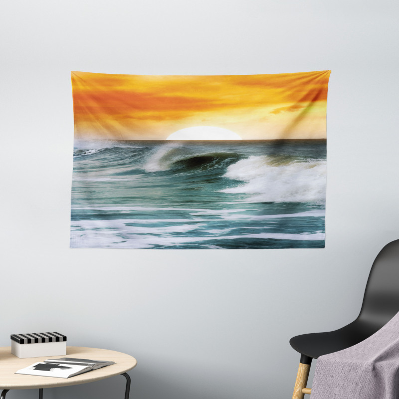 Sunset over Wavy Ocean Wide Tapestry