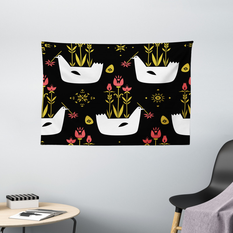 Chickens Eggs and Flowers Wide Tapestry