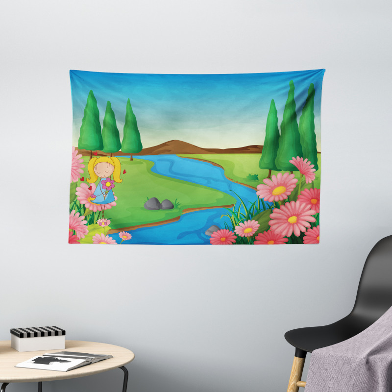 Little Girl Calming Nature Wide Tapestry