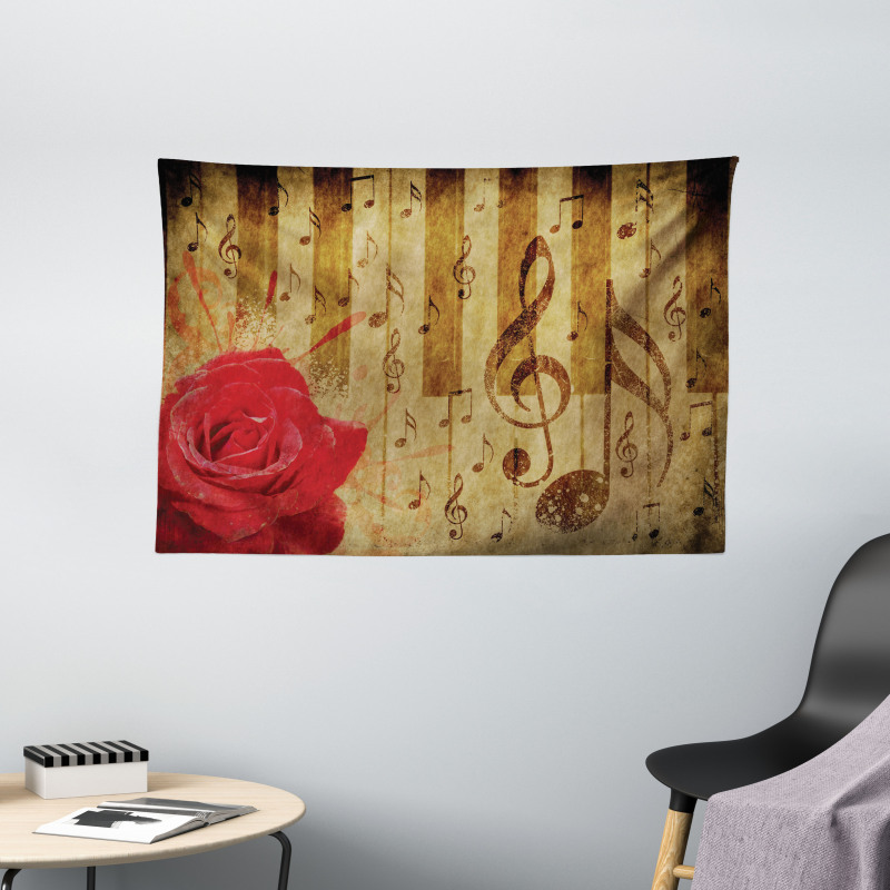 Romantic Rose Musical Notes Wide Tapestry