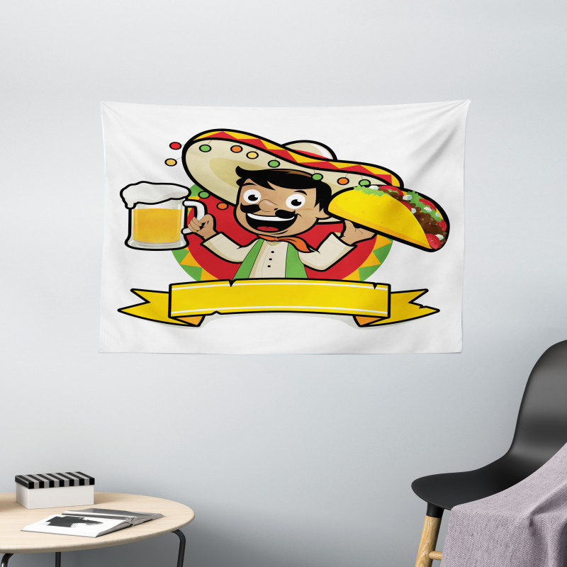 Man with a Beer and Taco Wide Tapestry