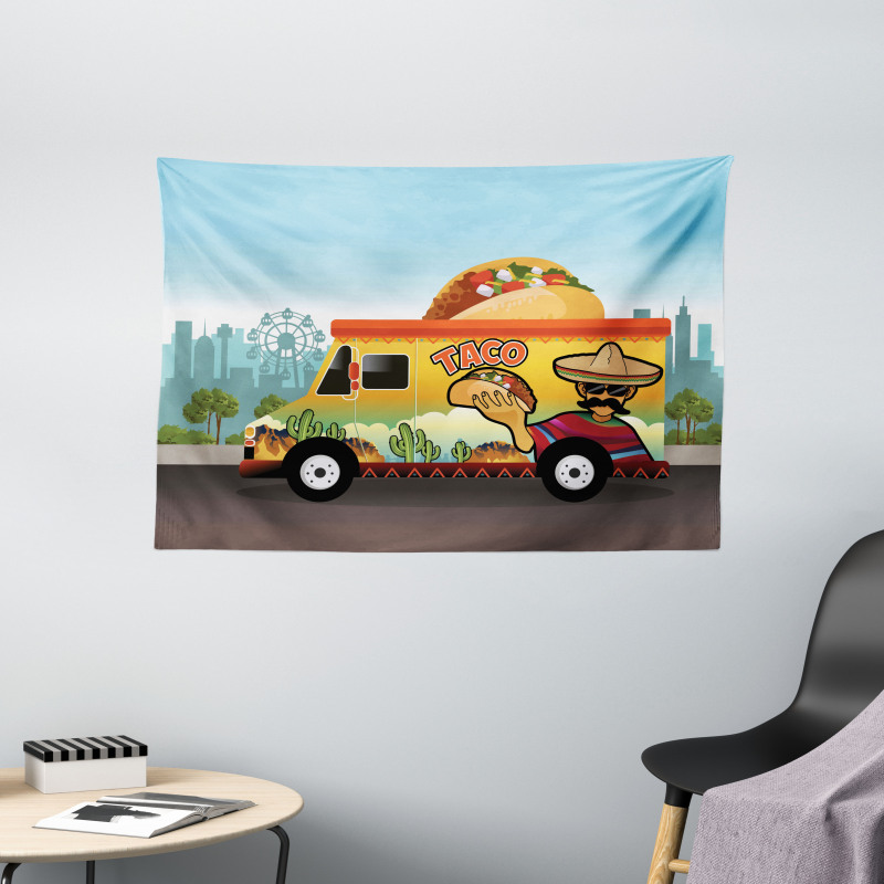 Taco Truck on Road in City Wide Tapestry
