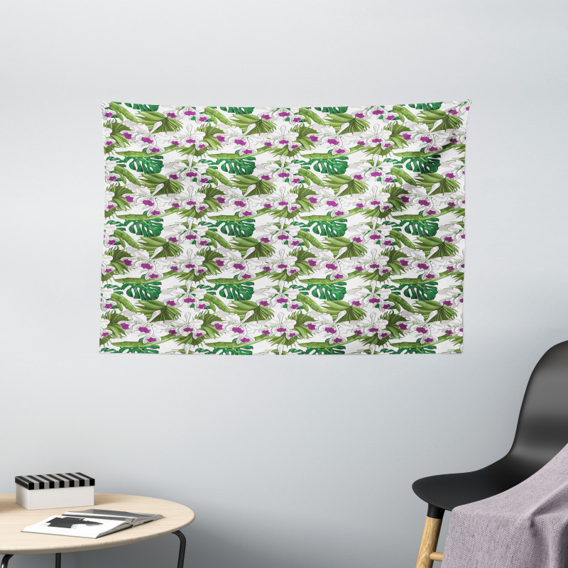 Wild Flowers Fan Palm Leaf Wide Tapestry