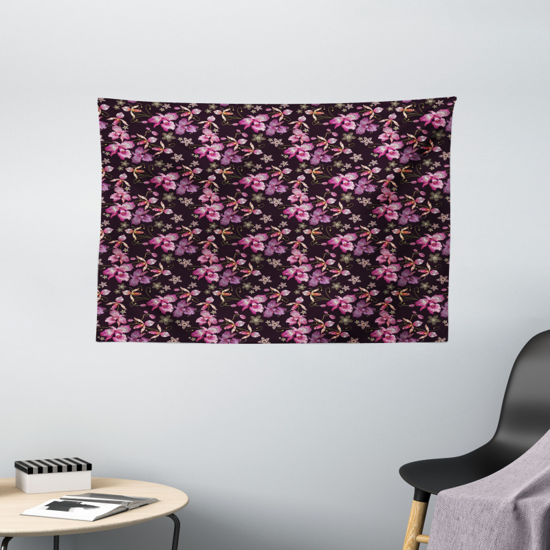 Retro Wild Flowers Motifs Wide Tapestry