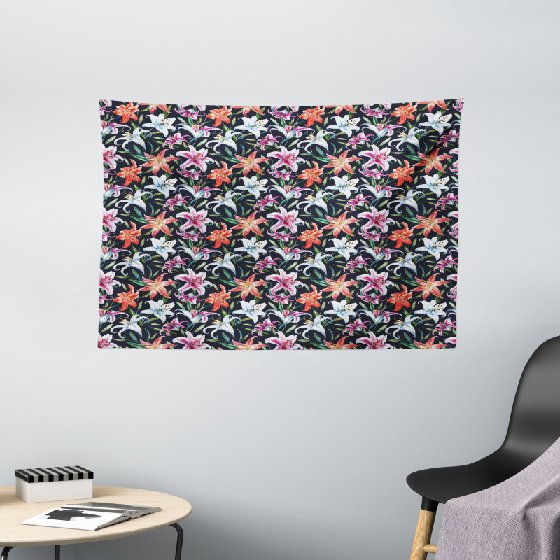 Watercolor Tropical Lilies Wide Tapestry