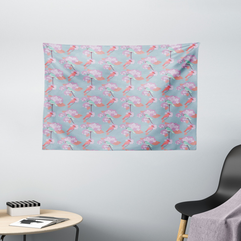Sparrows Resting Branches Wide Tapestry