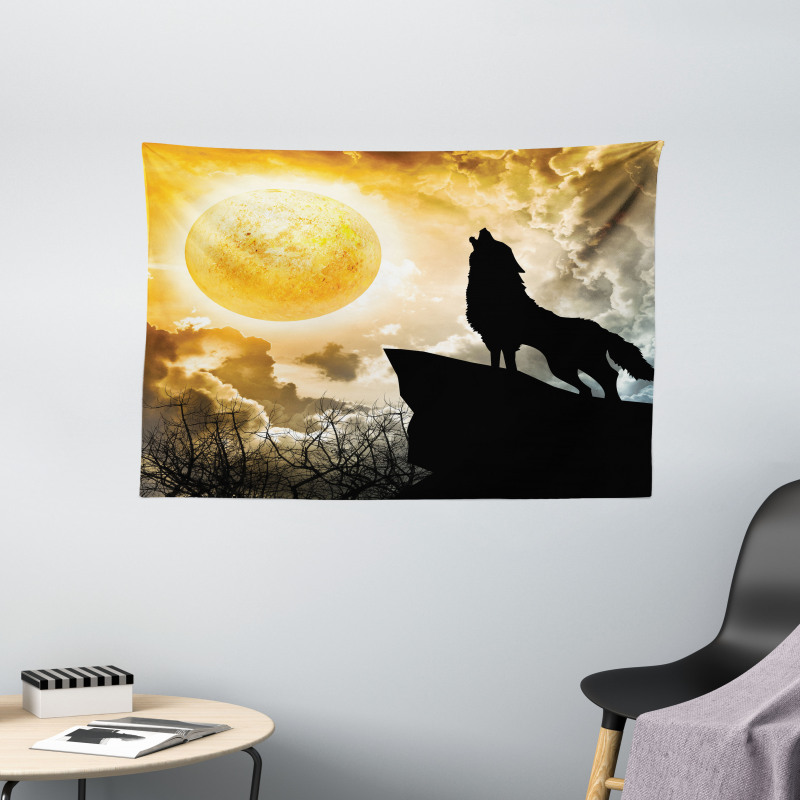Howling Animal Silhouette Hill Wide Tapestry