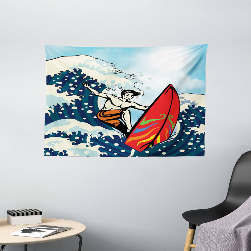 Summer Cartoon Surfing Boy Wide Tapestry