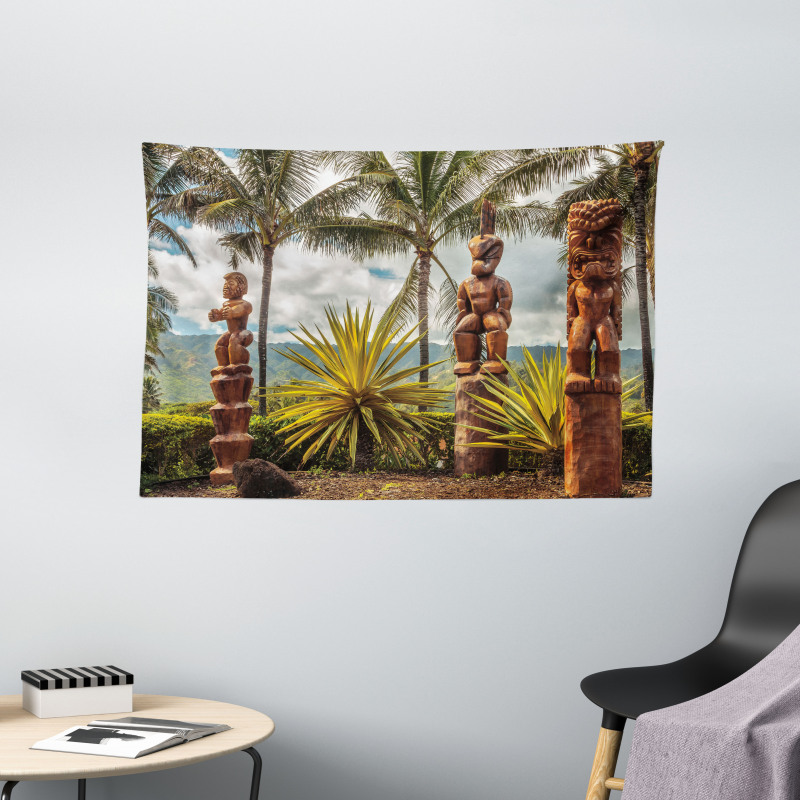 Tiki Masks and Palm Trees Wide Tapestry