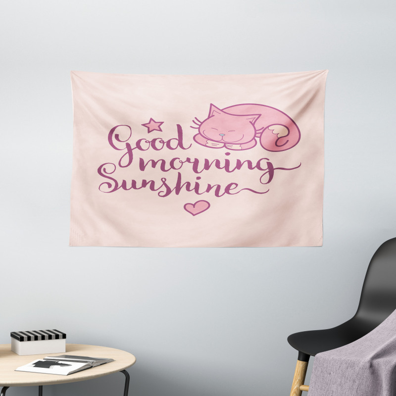 Sleeping Pink Cat and Text Wide Tapestry