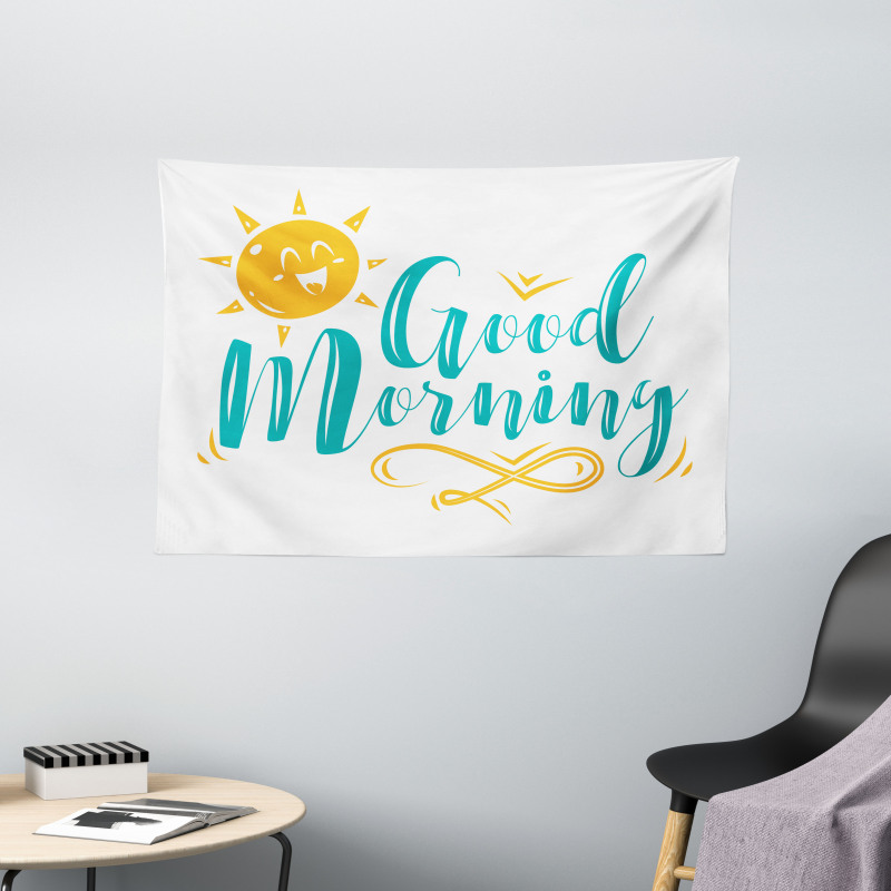 Smiling Sun and Wavy Letters Wide Tapestry