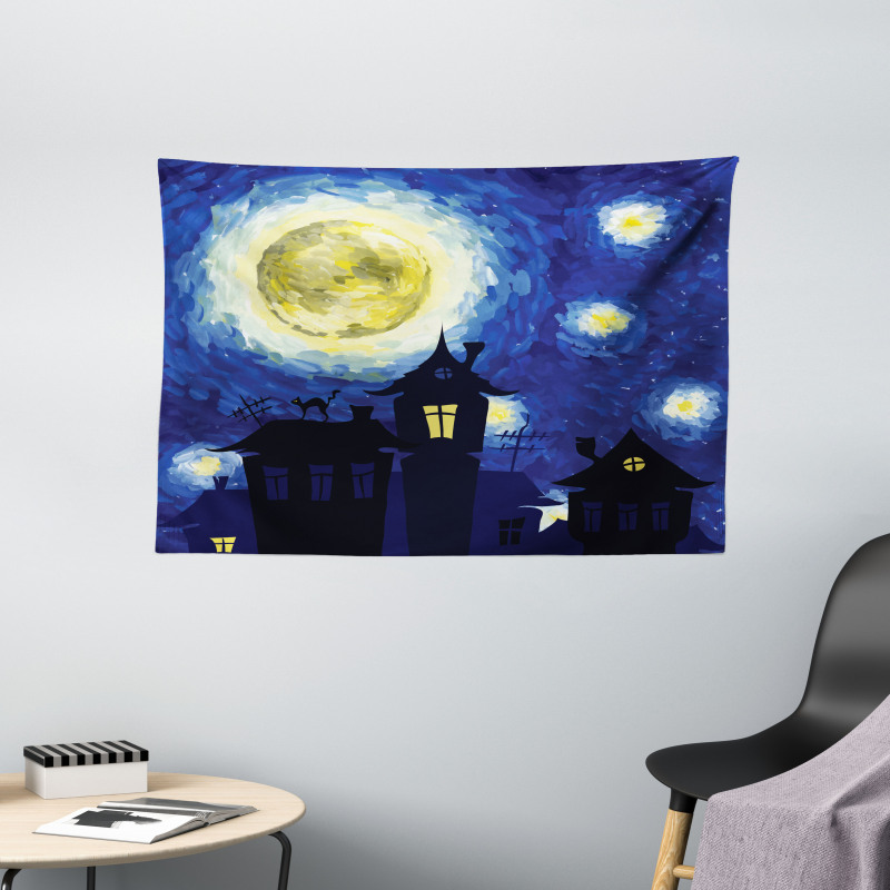 Country Houses Full Moon Wide Tapestry
