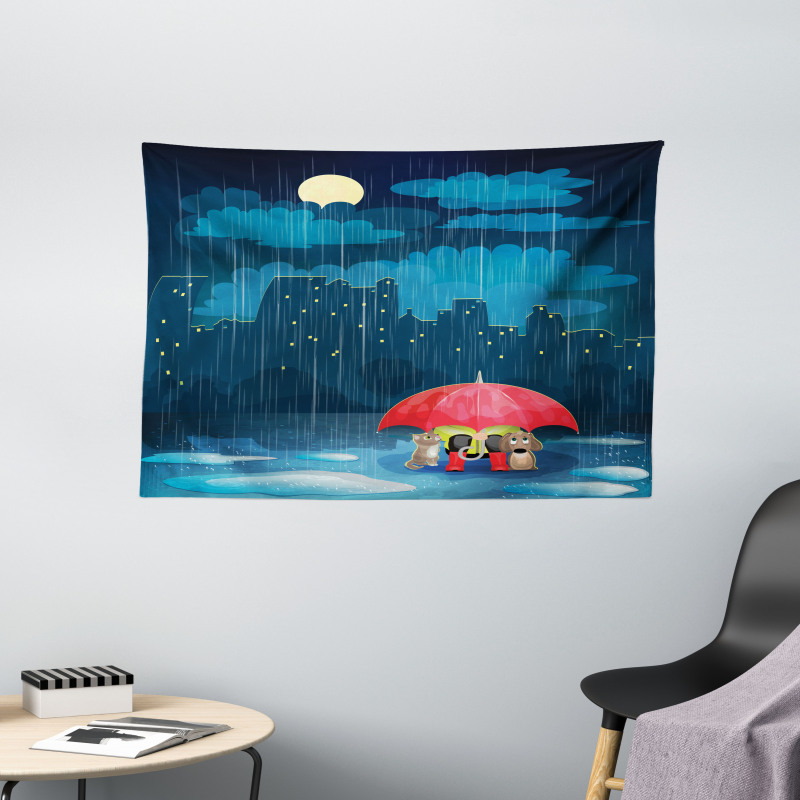 Cartoon Animal under Rain Wide Tapestry