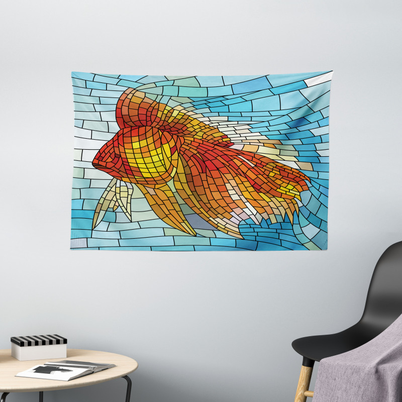 Stained Glass Mosaic Fish Art Wide Tapestry