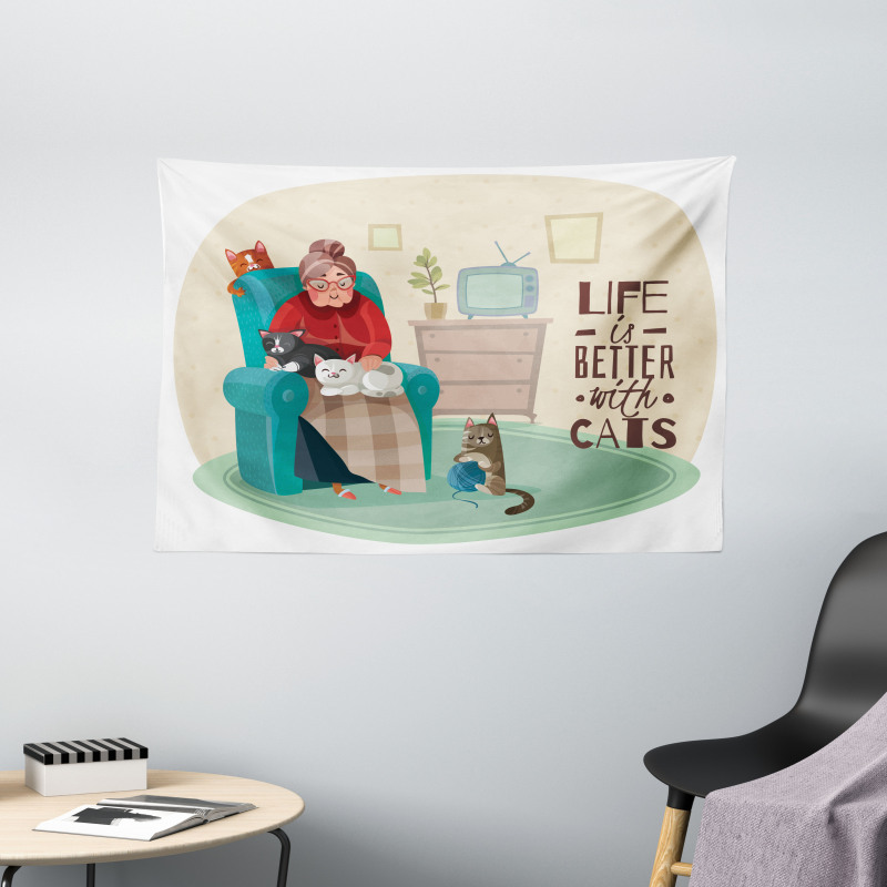 Lady in Armchair and Kitten Wide Tapestry