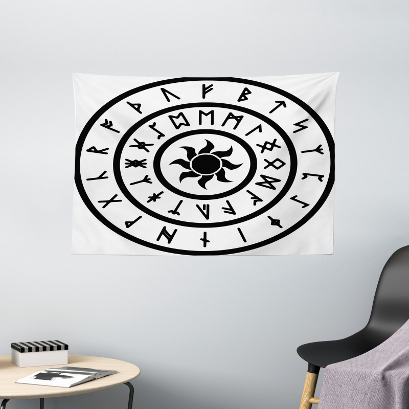 Sun and Nordic Runes Wide Tapestry
