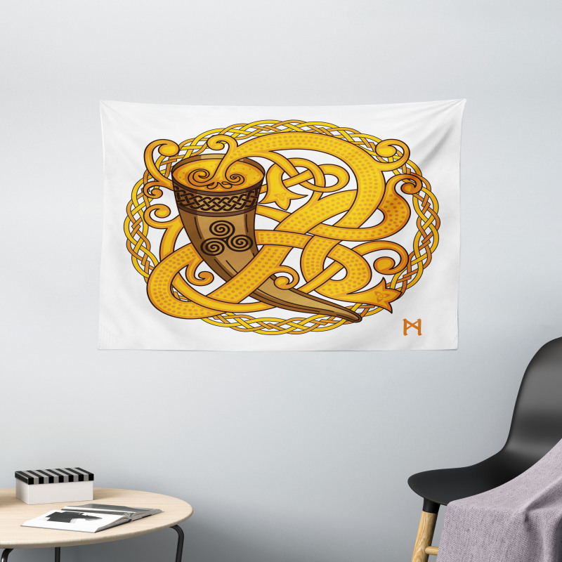 Drinking Horn and Woven Motif Wide Tapestry