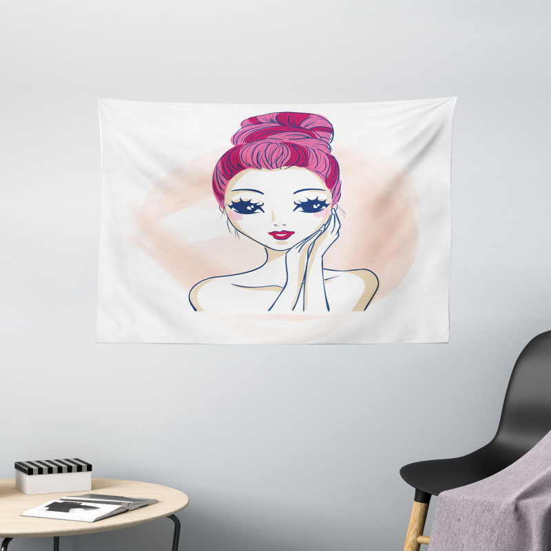 Pink Updo Bun Hairstyle Wide Tapestry