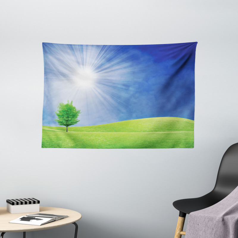 Sun Rays with Lonely Tree Wide Tapestry
