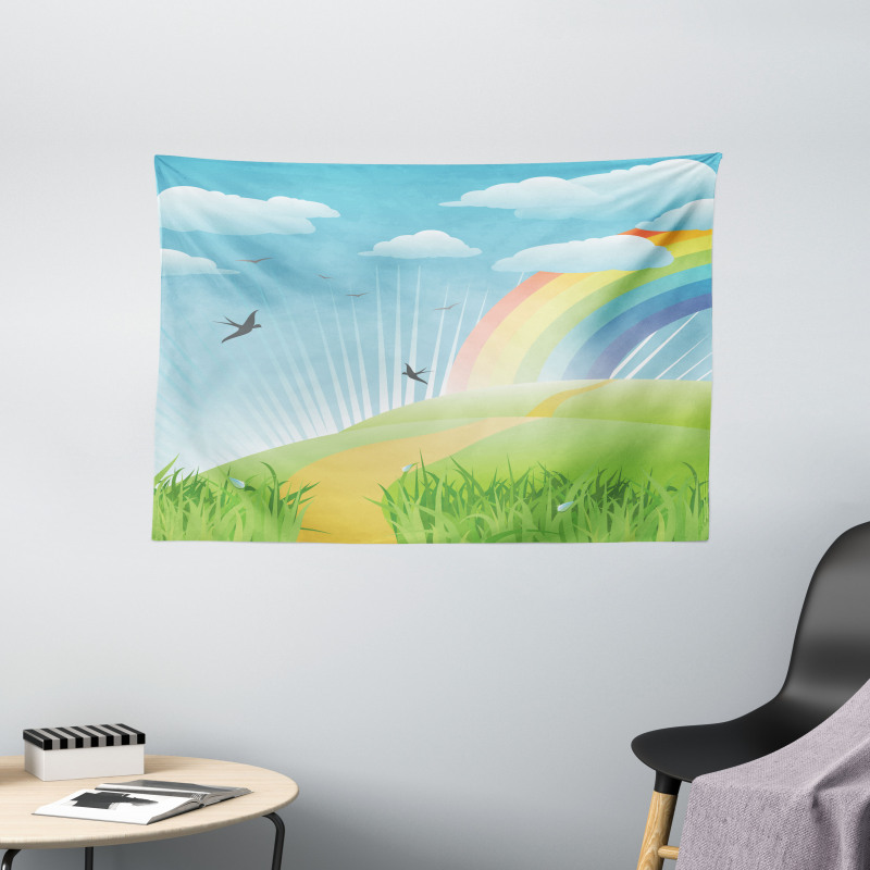 Birds and Rainbow Stripes Wide Tapestry