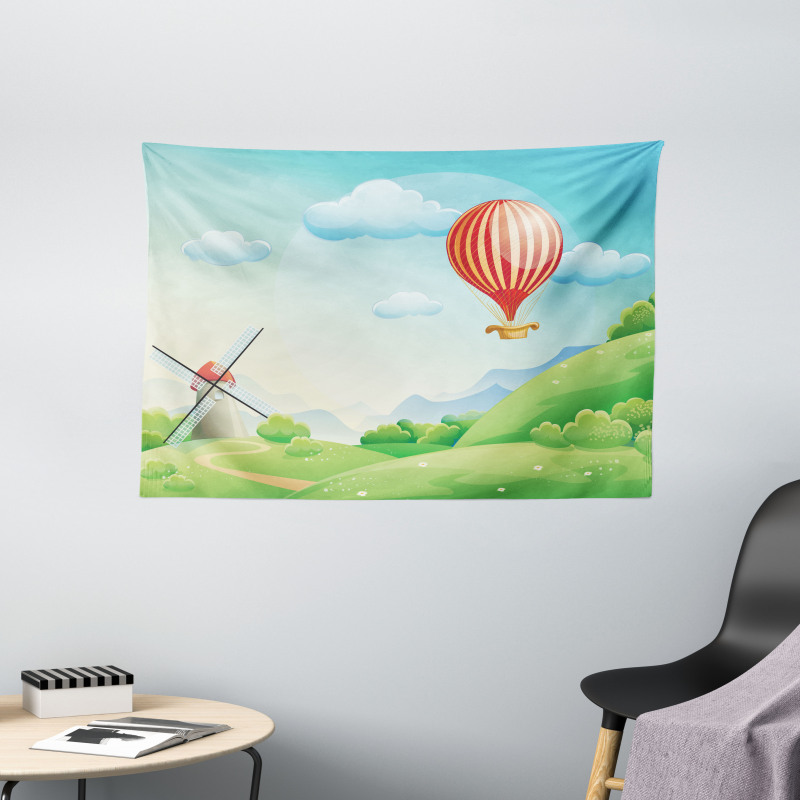 Mill Hot Air Balloon Design Wide Tapestry