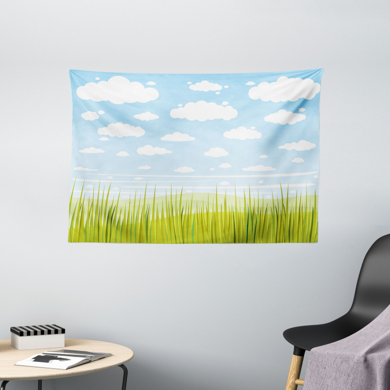 Grass and Clouds Landscape Wide Tapestry