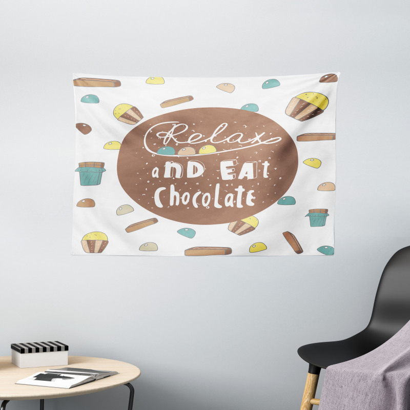 Relax and Eat Chocolate Text Wide Tapestry