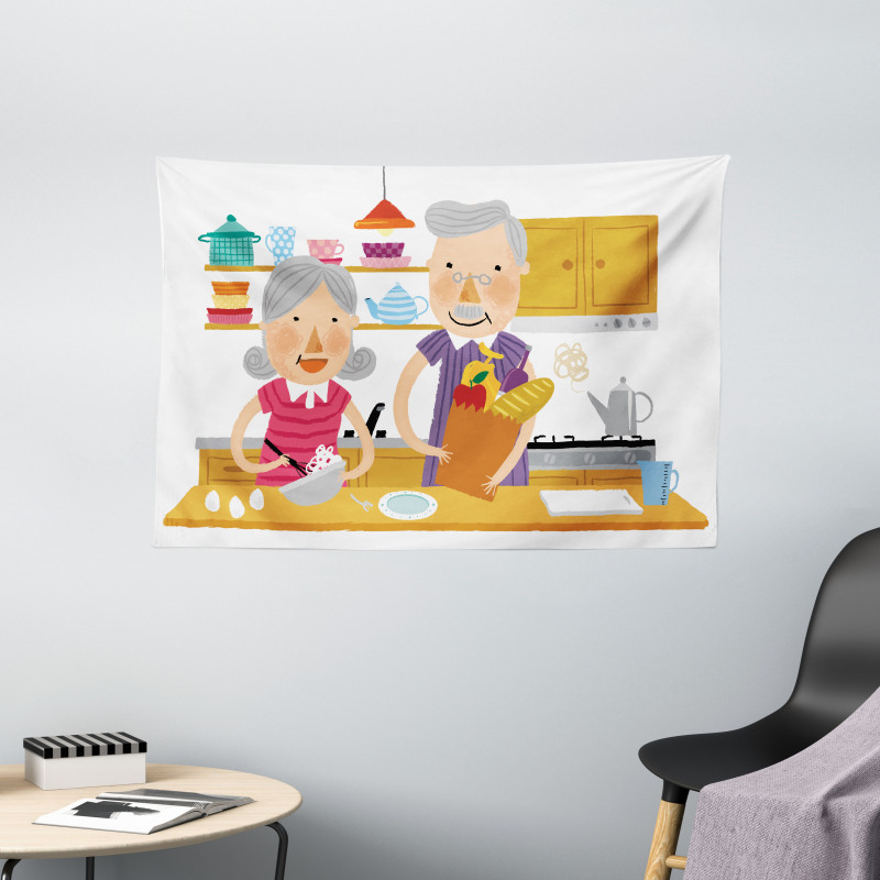 Elderly Couple in Kitchen Wide Tapestry