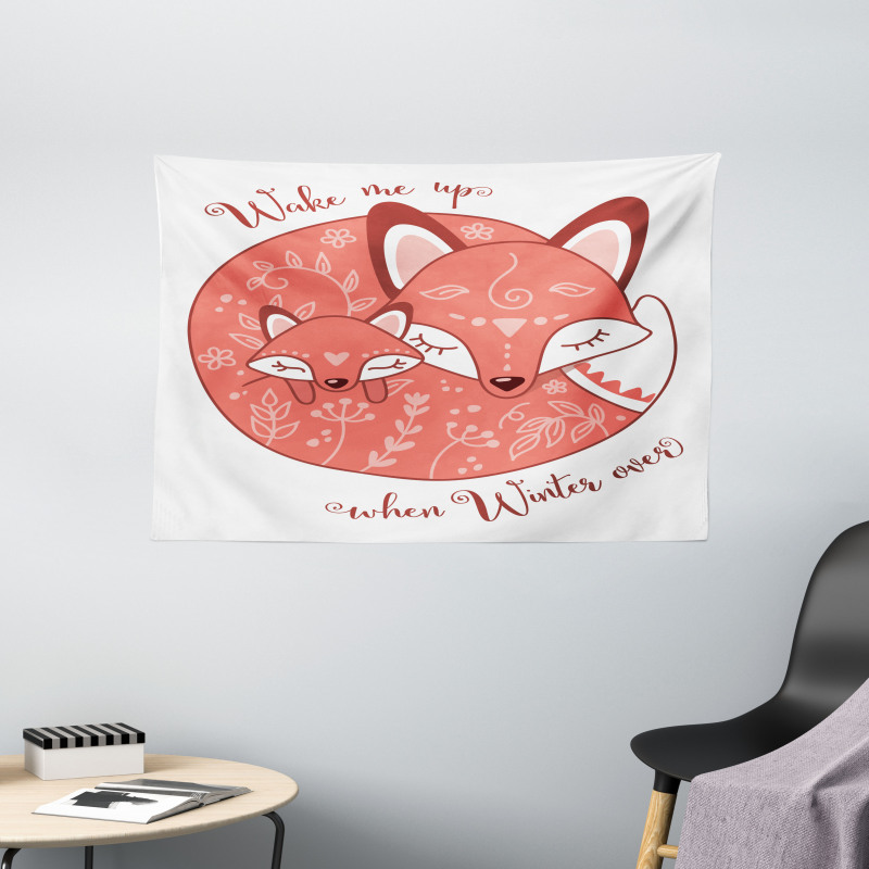 Sleeping Baby Fox and Mother Wide Tapestry