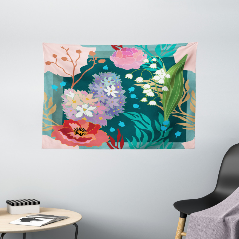 Hydrangea and Bell Flowers Wide Tapestry