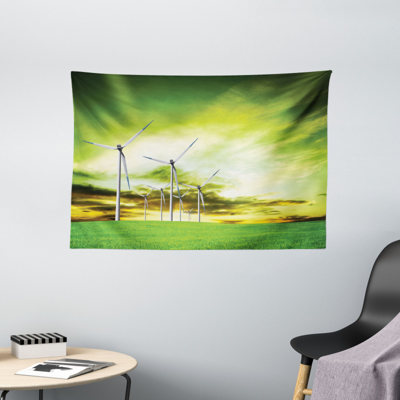 Wing Turbines Green Sky Wide Tapestry