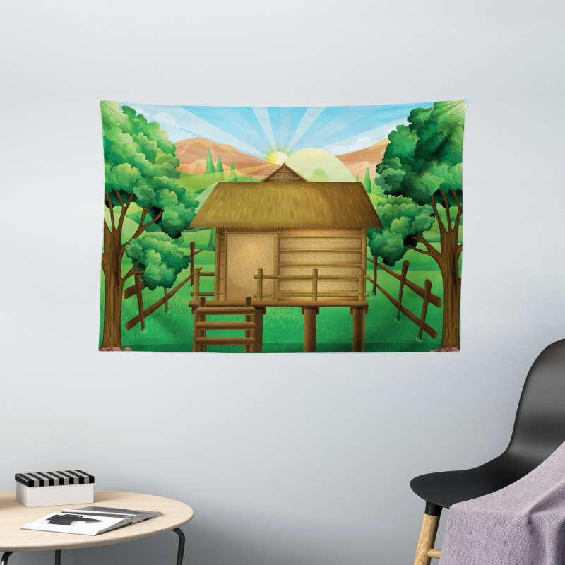 Wooden Hut Shelter and Sun Wide Tapestry