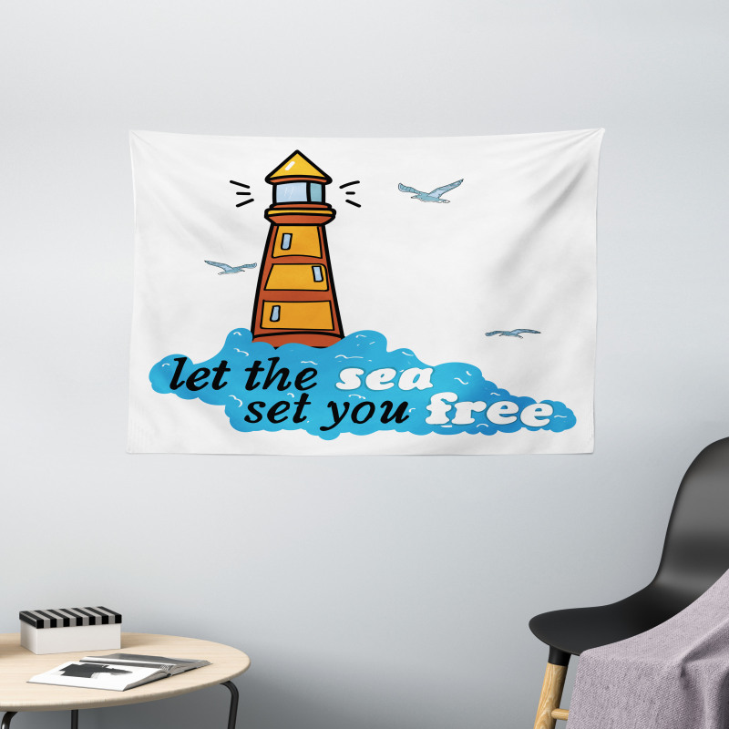 Lighthouse Blue Waves Wide Tapestry