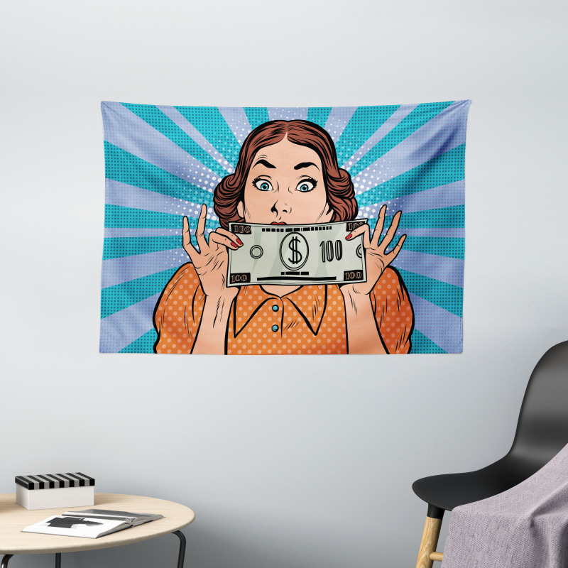 Woman Holding Dollar Bill Wide Tapestry