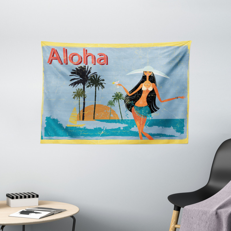 Brunette Hair Hawaiian Lady Wide Tapestry