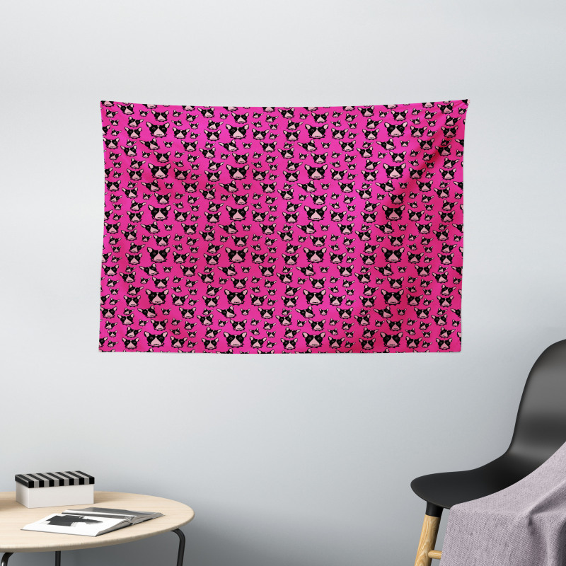 Bull Terrier Dog Heads on Pink Wide Tapestry