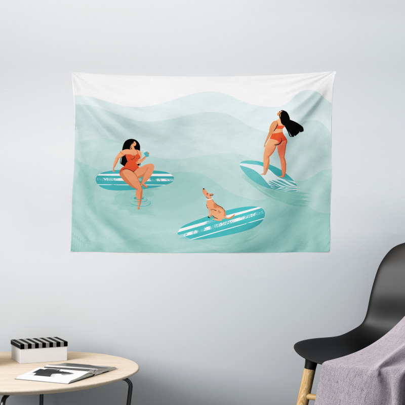 Surfing Girls with a Dog Wide Tapestry