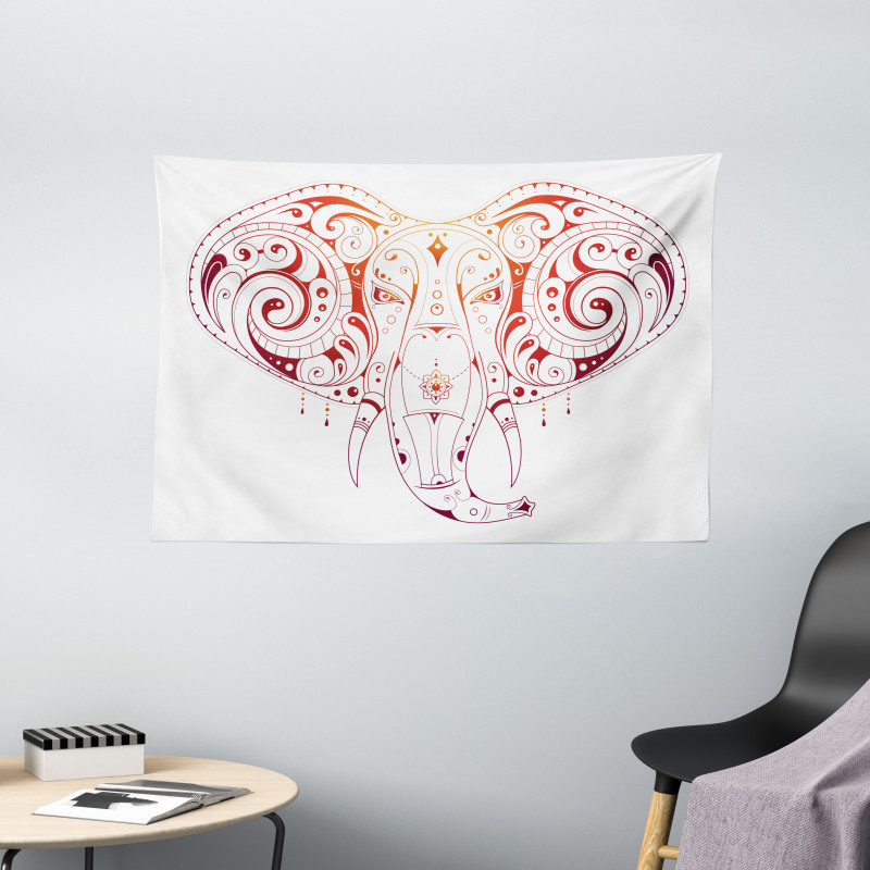 Stylized Drawn Elephant Head Wide Tapestry