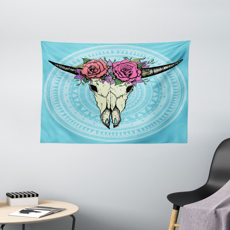 Buffalo Skull with Flowers Wide Tapestry