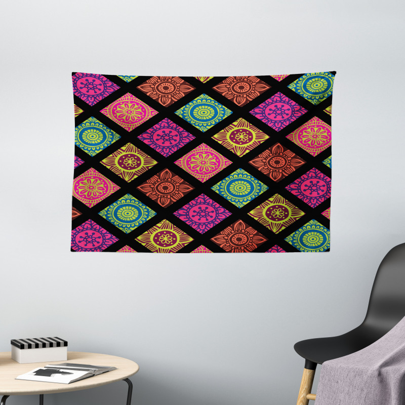 Flower Mandala Tile Colorful Wide Tapestry