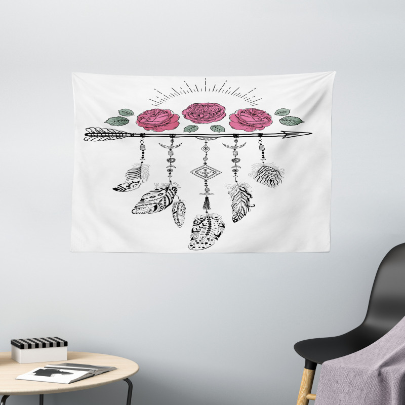 Hippie Feathers Arrow Rose Wide Tapestry