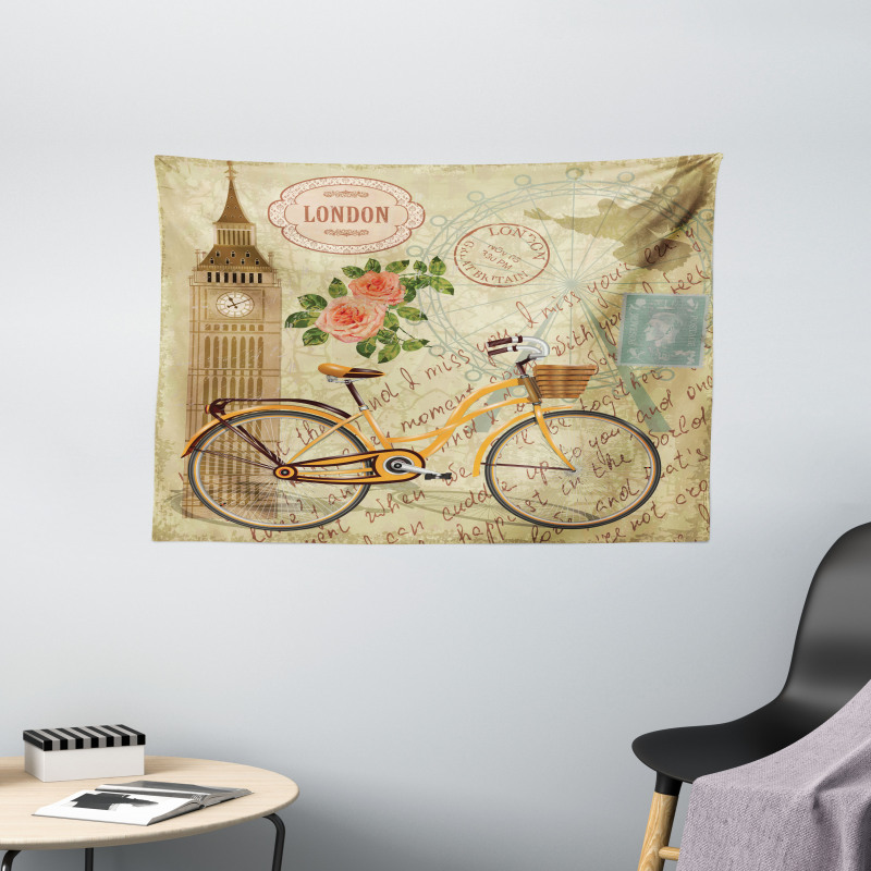 Stamp Big Ben and Bicycle Wide Tapestry