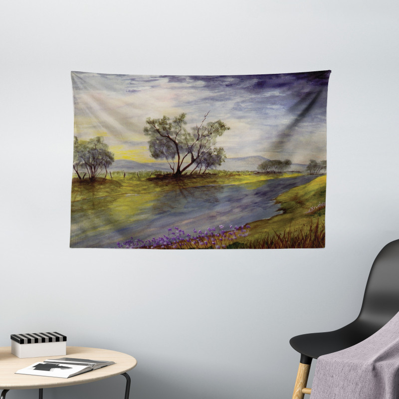 Watercolor River Scene Wide Tapestry