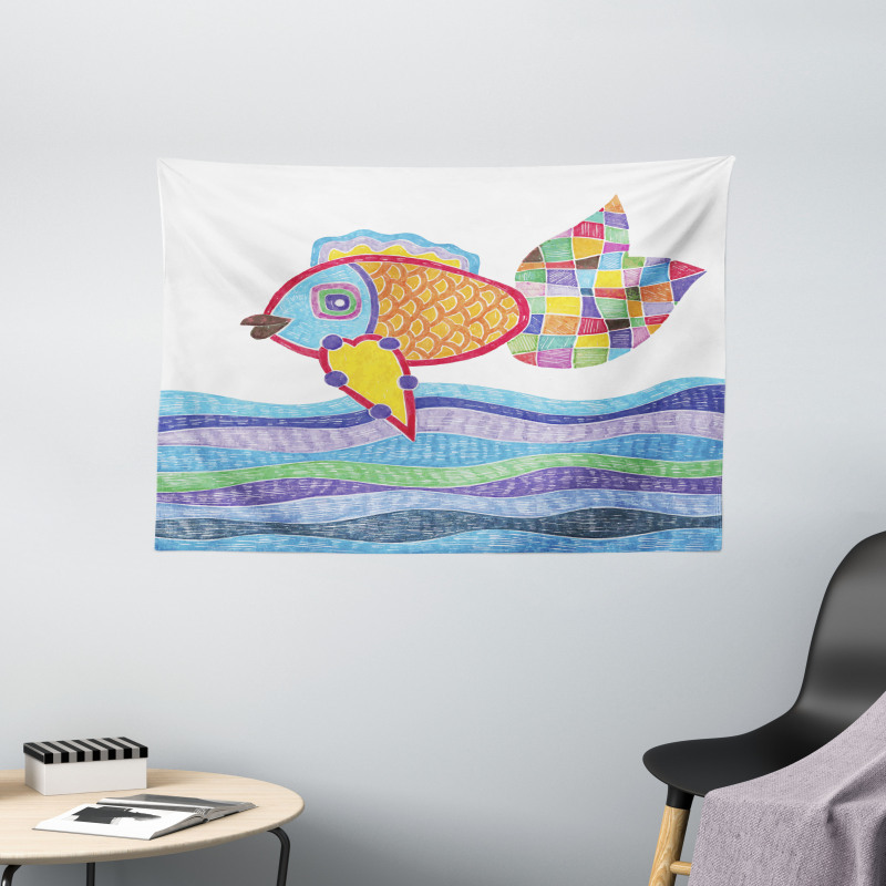 Fish Scales and Squares Doodle Wide Tapestry