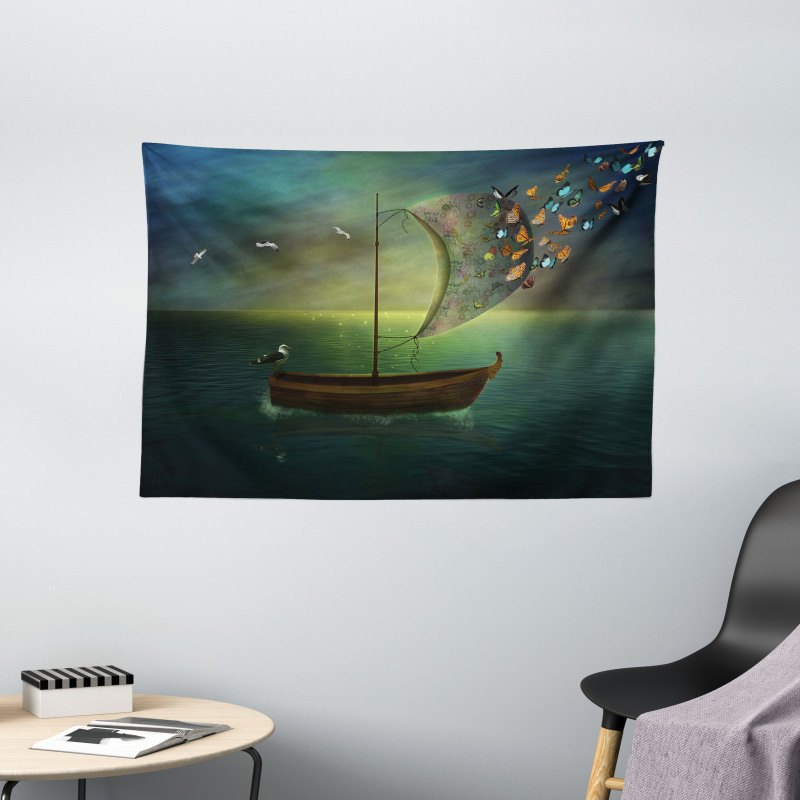 Boat Sailing in a Calm Sea Wide Tapestry