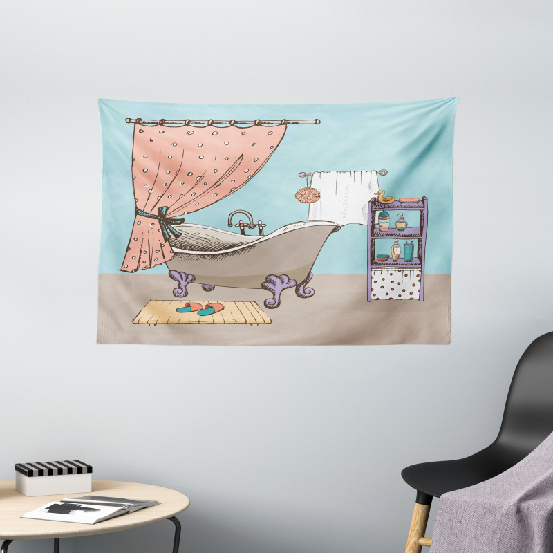 Bathroom Tub Illustration Wide Tapestry