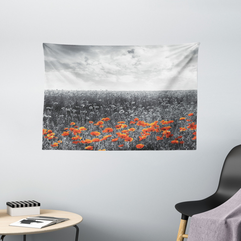 Flower Field Greyscale Design Wide Tapestry