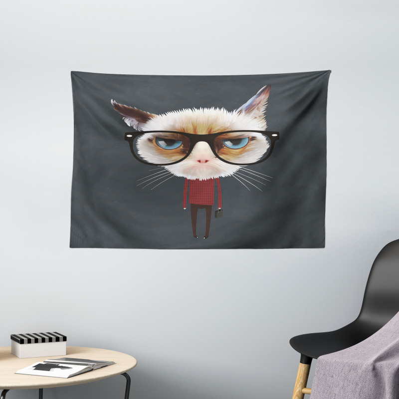 Hipster Feline with Giant Head Wide Tapestry