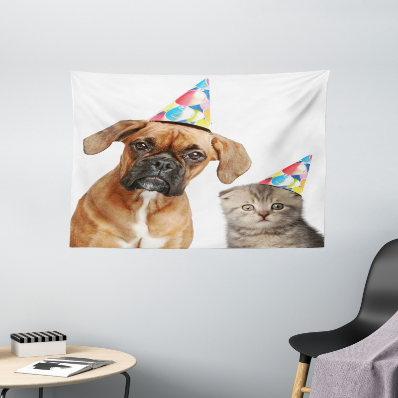 Funny Dog Scottish Cat Wide Tapestry