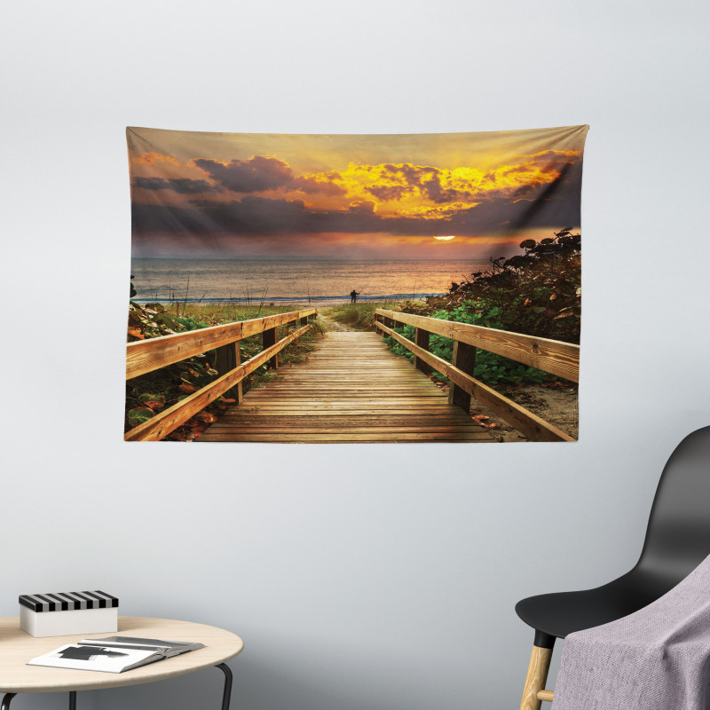 Wooden Pier Sunset Beach Wide Tapestry